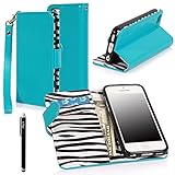 iPhone 5C Case, iPhone 5C Flip Case - E LV Deluxe Zebra Print Interior PU Leather Wallet Purse Flip Folio Stand Case Cover for iPhone 5C with 1 Stylus and 1 Clear Screen Protector (Turquoise)