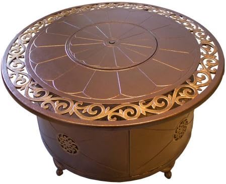 Hiland Round Cast Aluminum Decorative Fire Pit with Stainless Steel Propane Burner, 3-5cm Glass, and Propane Tank Cover, Bronze
