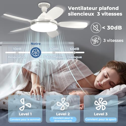 GOODEA Ventilateur de Plafond avec Lumière et Telecommande 81cm, E27 & 5 Pales à Encliquetage, 3 Couleurs & 2500LM Très Lustre Ventilateur Plafond Silencieux Minuterie Mémoire pour Salon Chambre
