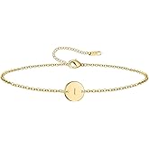 Initial Charm Bracelets 18K Gold Plated Stainless Steel Dainty Small Round Coin Disc Initial Bracelet Engraved Letters Personalized Name Bracelet for Women