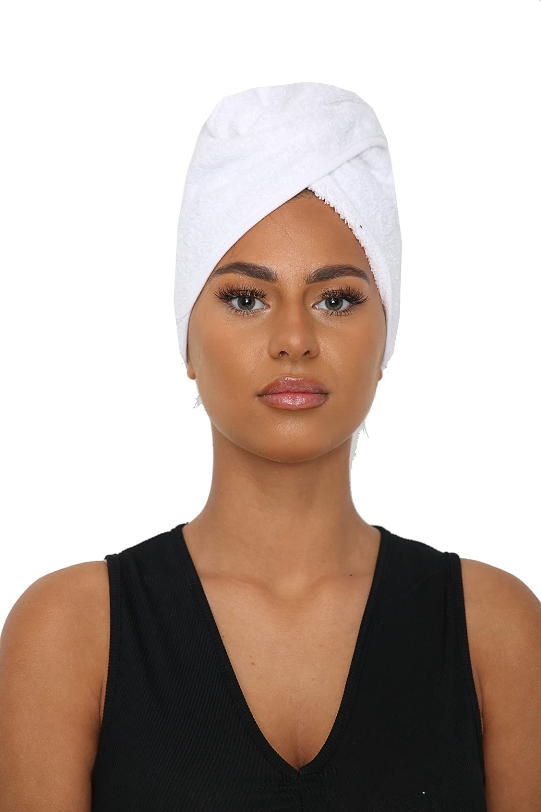 Sapphire Collection Hair Drying Towels, 100% Pure Terry Towel Cotton Soft Hair Towel Wrap Hair Twist Turban Towel Absorbent Hair Cap Head Wrap Spa Towels with Loop & Button for Long Hairs (White)