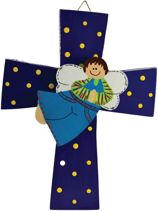 Costa Rican hand painted wall cross with angel (Medium - Blue)