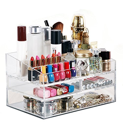 Boxalls Acrylic Makeup Cosmetics Organizer or Jewelry Beauty Care Display Box with 4 Drawers / Handmade 5mm Thickness (All-in-one,Clear)