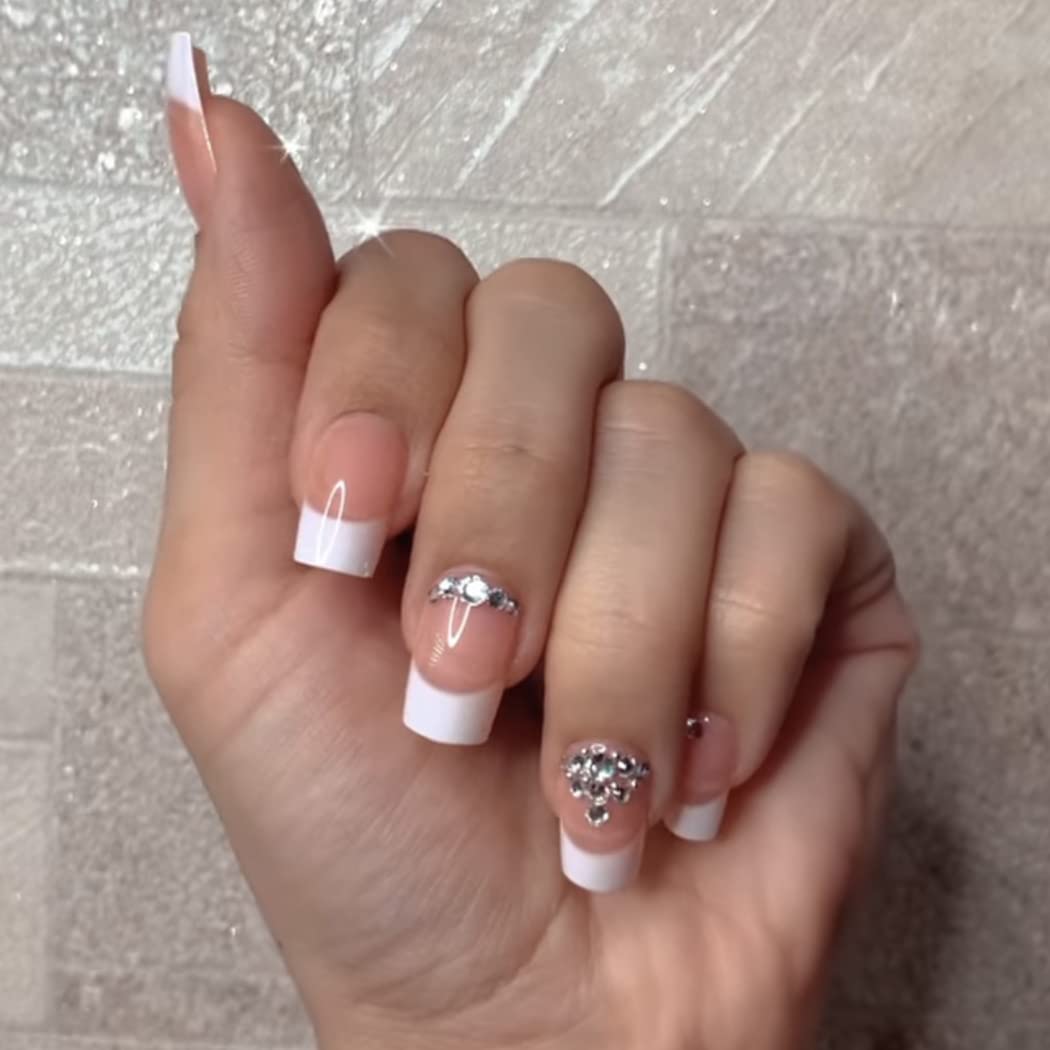 Sethexy Short Squoval Fake Nails French Crystal False Nails Glitter Pink Stick on Nails 24Pcs Acrylic Press on Nail Tips — image 1