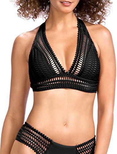 Halter Triangle Bikini, Crochet Bathing Suits For Women,Black,XL (US 16-18)