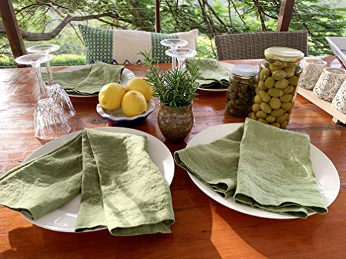Eight Owls Linen Napkins –100% French Flax – Stonewashed Pure Linen Cloth Napkins - Size 18 Inch x 18 Inch – Set of 4 (Pepper Green)