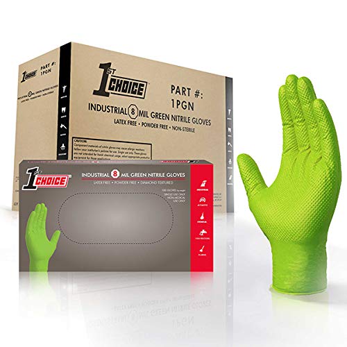 1st Choice Industrial 8 Mil Premium Green Nitrile Gloves, Latex Free, Powder Free, Raised