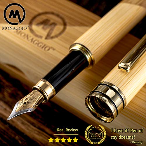 Gorgeous Bamboo Fountain Pen made of Luxury Wood with Refillable Converter, Beautiful Case Set and Medium Nib Point. Works Smoothly with International Disposable Cartridges. Fine Calligraphy Pens!