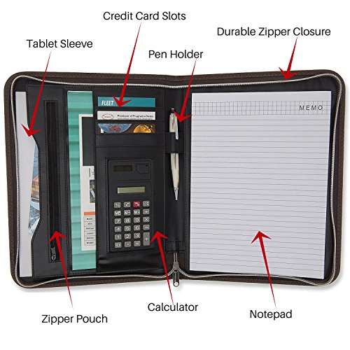 Careli Business Padfolio Portfolio with BONUS Wallet + Calculator + Writing Pad, Stylish Brown Faux Leather Resume Holder Organizer with Zippered Closure, Multiple Pockets, #1 Gift for Professionals