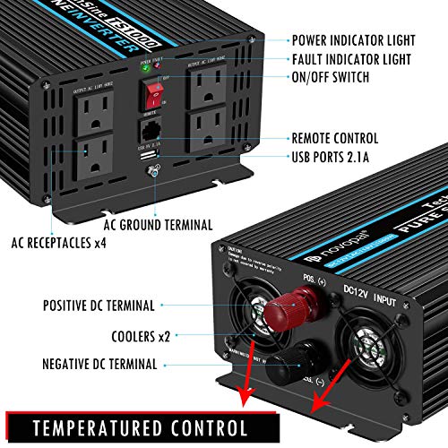 Pure Sine Wave Power Inverter 1000 Watt 12V DC to 110V/120V AC Converter 4 AC Outlets Car Inverter with One USB Port 5 Meter Remote Control and Two Cooling Fans Peak Power 2000 Watt novopal - Thumbnail 2