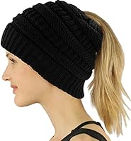 COCO LEE Chic Knit Hat Cable Beanie Stretch Chunky Winter Bun Ponytail Beanie Tail Ponytail Messy Bun Beanie Solid Ribbed Hat Cap for Women Girls