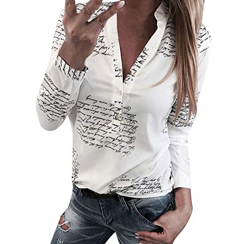JJLIKER Women Fashion Letter Print T-Shirt Sexy V Neck Long Sleeve Tops with Button White