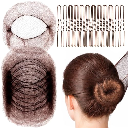 Odluzy 20 PCS Hair Nets Invisible and 40PCS U Shaped Hair Pins Set, 20 PCS 50cm for Bun Brown Elastic Edge Mesh and 40pcs Hair Bun Pins for Women, girls, Ballet Bun Maker Dance (Brown)