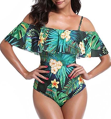 Women Vintage One Piece Off Shoulder Swimsuit Flounce Tropical Leaves Print Bathing Suit(M)