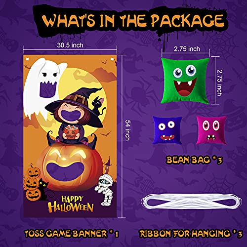Halloween Party Game Set Halloween Bean Bag Toss Game with Pumpkin Ghost Witch Happy Halloween Banner and Cute Bean Bags Party Game for Halloween, Funny Family Halloween Game for Kids Indoor Outdoor