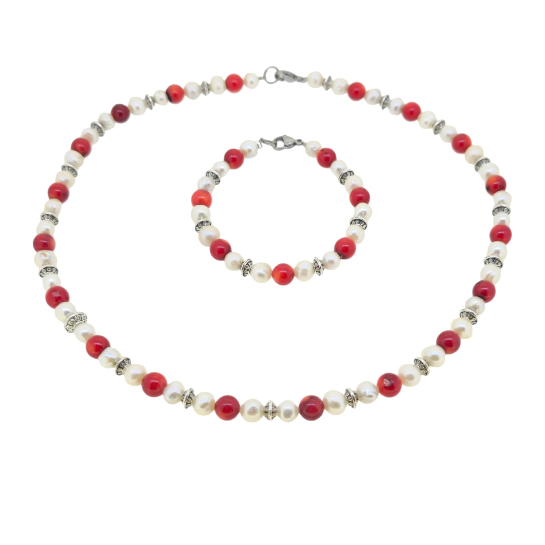 Treasure Bay Elegant Red Coral and White Freshwater Pearl Necklace Bracelet and Earrings Set for Women
