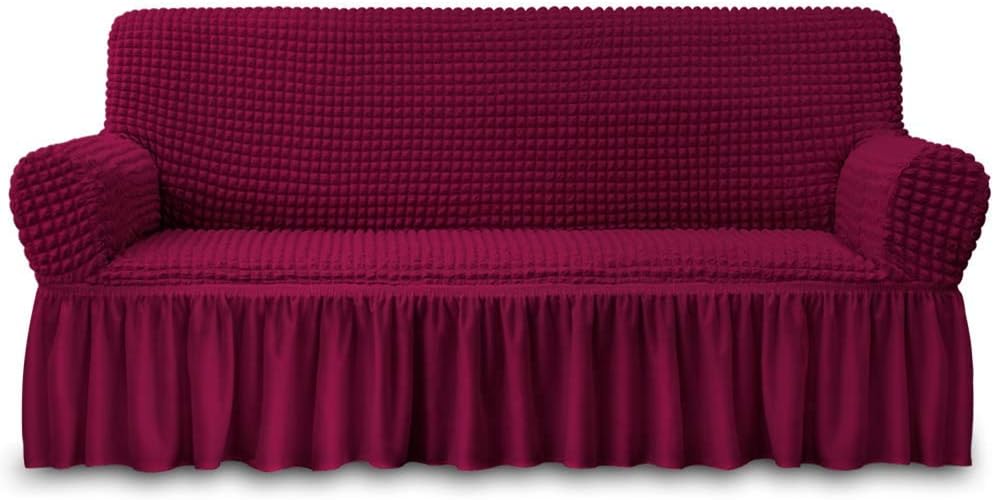 Slipcovers - NICEEC Sofa Slipcover Red Sofa Cover 1 Piece Easy Fitted Sofa Couch Cover Universal High Stretch Durable Furniture Protector with Skirt Country Style (3 Seater Wine Red), Large