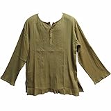 Mens Indian Bohemian Crinkled Gauze Cotton Embroidered Tunic Shirt Kurta Khaki (Large)