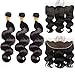 Brazilian Body Wave Hair 3 Bundles With Frontal(14 16 18+12inch) Virgin Human Hair Weave And Ear To Ear Lace Frontal Closure With Baby Hair Free Part Natural Black