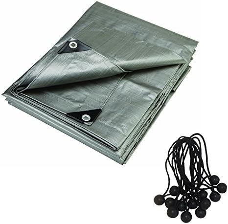 6 x 8 Foot Heavy Duty Gray Contractors Tarp with 15 Ball Bungees. 12 Mil Uv Protecting