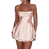 LuFeng Women's Elegant Satin A-line Summer Sleevesless Rompers Bandage Back Spaghetti Strape Tiered Mini Dress Jumpsuits