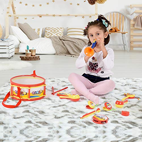 BRITENWAY Toddler Music Drum Toys, Kids Percussion Musical Instruments for Boys and Girls, Educational Music Toy Set with Drums, Percussion, Tambourine, Trumpet, Maraca, Harmonica, Flute and More