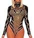 RED DOT BOUTIQUE 650 - Plus Size Sheer Mesh Rhinestones Long Sleeves Bodysuit (Black Gold Rhinestones, 3X)
