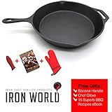 Iron World 12-Inch Hand Made Cast Iron Skillet with Silicone Handle, Chef Glove and BBQ Recipes eBook, Black