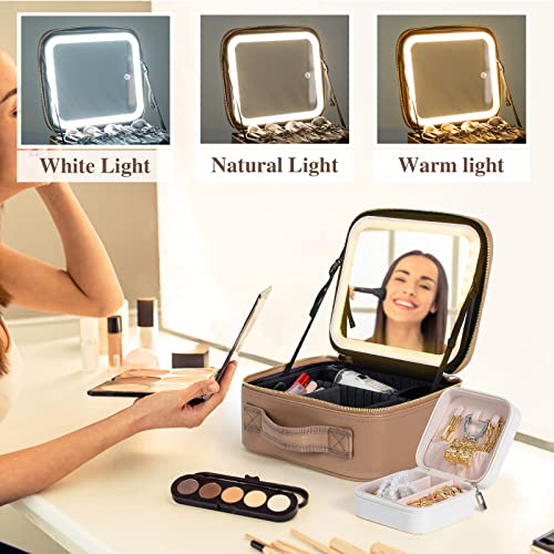Makeup Train Case with Large Lighted Mirror 3 Color Scenarios Adjustable Brightness Large