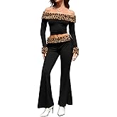 EHSUYAB Women 2000s Cheetah 2 Piece Sets Going Out Rave, Off Shoulder Leopard Top Festival, Low Rise Flare Pants Club Outfits