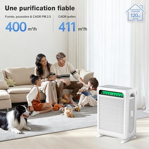Purificateur d’air,Double filtre HEPA CADR 400m³/h,jusqu’à 120m²,Blanc