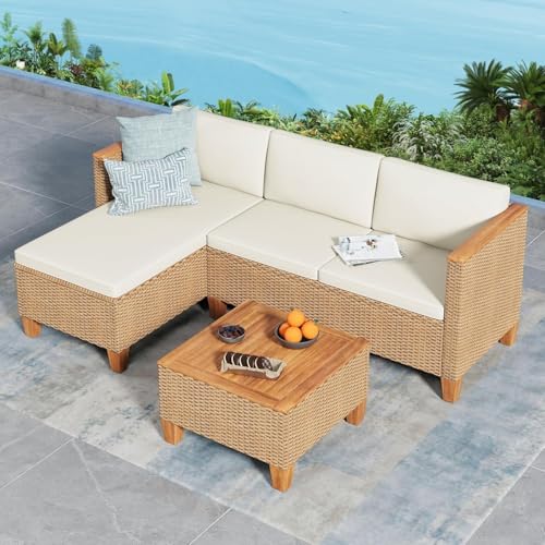 Photo 1 of ****Reference photo, pieces are missing*******SUNSHINE VALLEY Small Patio Furniture Set, 3 Piece Wicker Outdoor Patio Conversation Set, Outside L-Shaped Sectional Sofa Couch with Chaise Lounge and Coffee Table for Porch Balcony Deck