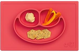 EZ PZ ezpz Happy Mat (Coral) New Version - 100% Silicone Suction Plate with Built-in Placemat for Toddlers + Preschoolers - Divided Plate - Dishwasher Safe - 24 Months+