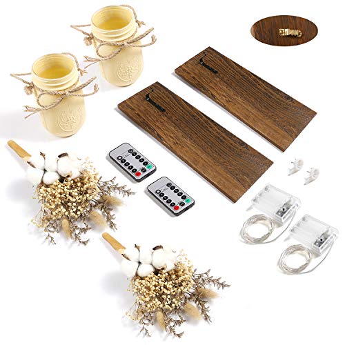 Mason Jar Sconces Wall Decor - Rustic Home Décor - Decorative Jars with Cotton Stems & Baby Breath Flower with Remote Timer LED Fairy Lights for Kitchen Wall Decor Living Room Wall Sconces Set of 2 - Thumbnail 5