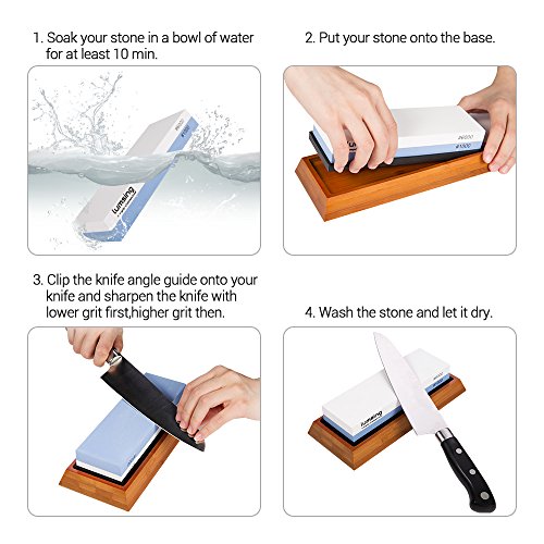 Lumsing Sharpening Stone, Knife Sharpener, Sharpener Knife Stone, Whetstone Sharpener with Non-Slip Bamboo Base & Angle Guide, 1000/6000