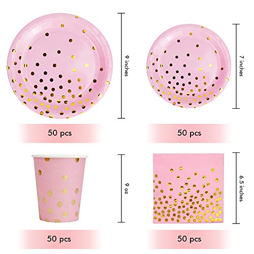 Pink and Gold Party Supplies - 200PCS Disposable Pink Paper Plates Dinnerware Set Gold Dots 50 Dinner Plates 50 Dessert Plates 50 9oz Cups 50 Napkins Wedding Birthday Party Baby Shower Christmas