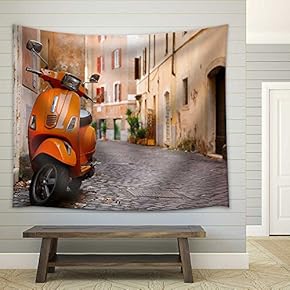 Old City Street with Motorbike in Rome, Italy. On Sunny Autumn or Spring Day - Fabric Wall Tapestry Home Decor - 51x60 inches