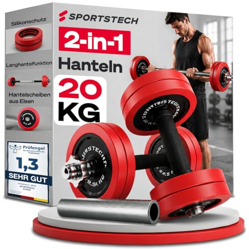 Sportstech AH300, Hanteln Set, 20 kg-30 kg, 2in1 Kurzhanteln und Langhantel Set, verstellbar, mit Silikonüberzug, Gewichte Hantelset für Zuhause, Kraf