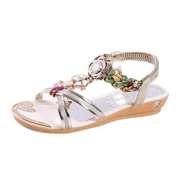 ?HWTOP Sandalen Damen Keil Kristall Flache Badesandale Sommerschuhe Im Freien Floral Casual Strandschuhe Elastic Band Schuhe