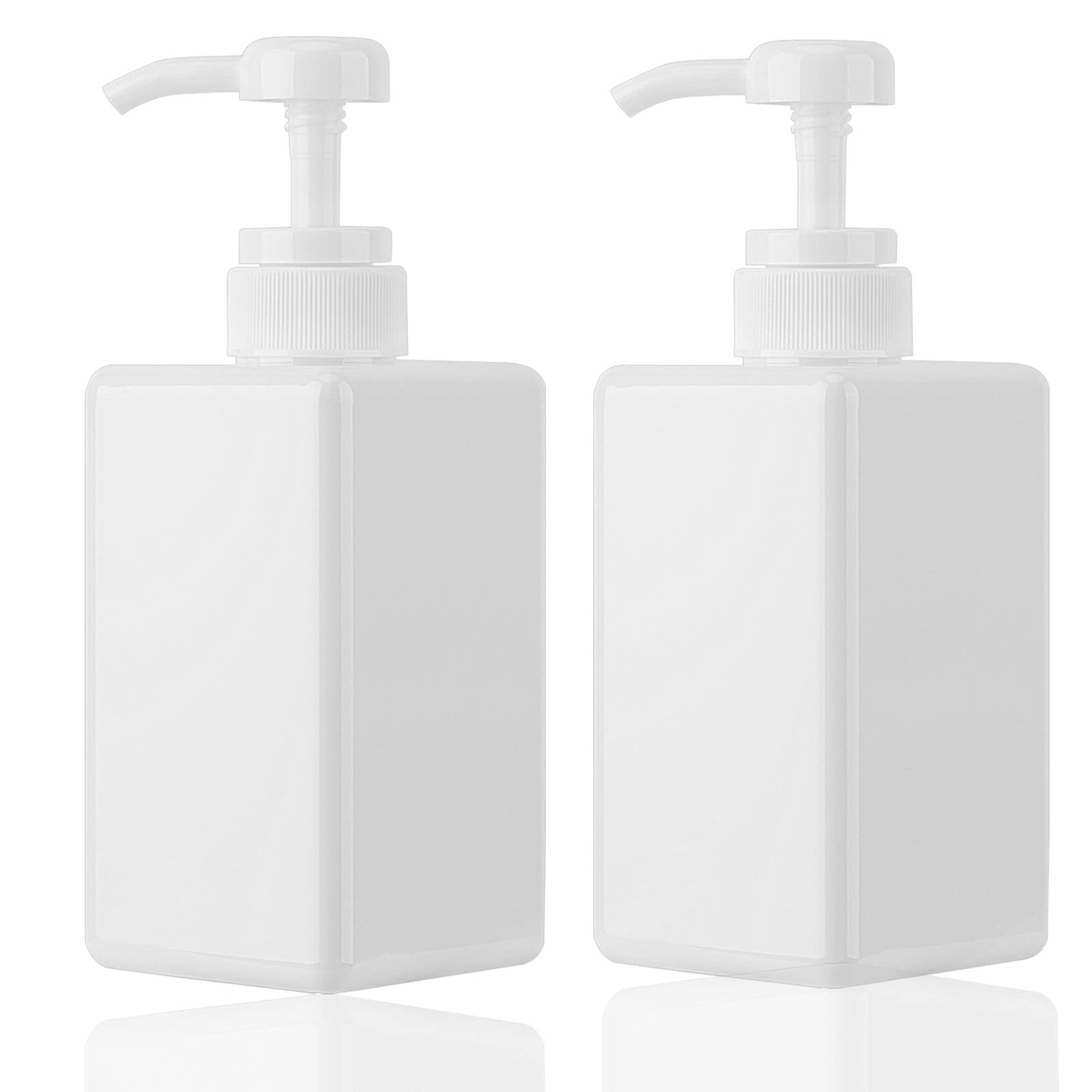 Jansburg 450ml Pump Bottle Dispenser 2Pack Refillable Square Plastic Lotion Dispenser Empty Lotion Pump Bottle for Essential Oil Soap Lotion Shampoo, Bathroom/Kitchen/Travel White