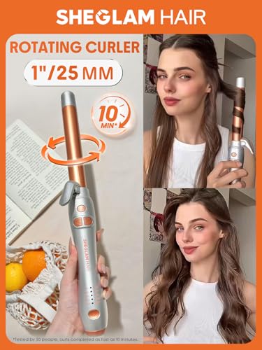 SHEGLAM Rotating Curling Iron Extra Long, Curl Cycle, 1 Inch Automatic Curling Wand for Long Hair, Self Spinning Barrel up to 430°F, Dual Voltage
