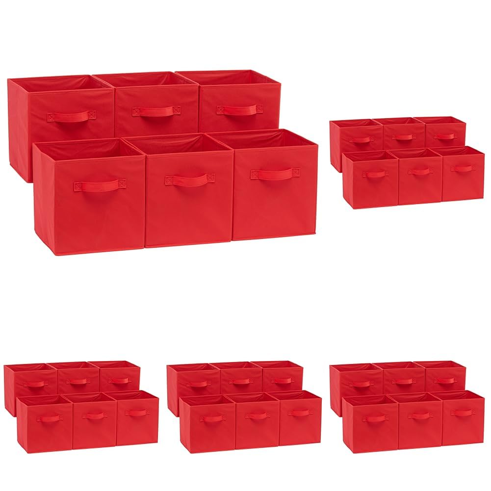 Amazon Basics Cube Organizer Storage Bins Handles, Collapsible Fabric, Pack of 30, 10.5"x10.5"x11", Red Image Amazon Basics Cube Organizer Storage Bins Handles, Collapsible Fabric, Pack of 30, 10.5"x10.5"x11", Red Image