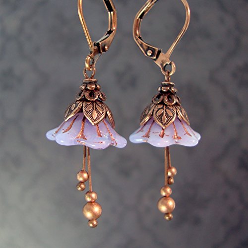Lavender fairy flower leverback earrings with czech glass and cop…
