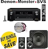 Denon AVRX3200W 7.2 Channel Full 4K Ultra HD A/V Receiver with Bluetooth and Wi-Fi + SVS Prime Satellite 2.1 High-Grade Polished Piano Black Finish System + Monster - Platinum XP Clear Jacket MKIII 50' Compact Speaker Cable - Clear/Copper Bundle