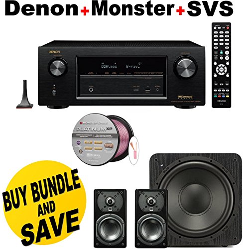 Denon AVRX3200W 7.2 Channel Full 4K Ultra HD A/V Receiver with Bluetooth and Wi-Fi + SVS Prime Satellite 2.1 High-Grade Polished Piano Black Finish System + Monster - Platinum XP Clear Jacket MKIII 50' Compact Speaker Cable - Clear/Copper Bundle