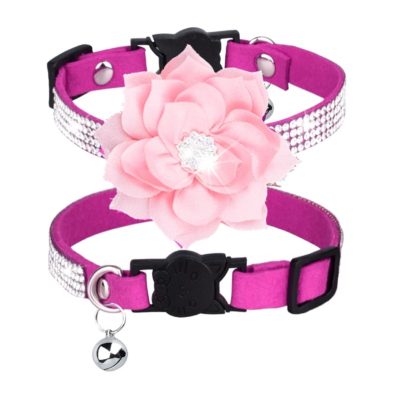 haoyueer Rhinestones Dog Cat Collars with Bell Bling Pet Puppy Collars with Soft Velvet Crystal Collars Girl Jeweled Necklace (Hot pink-1)