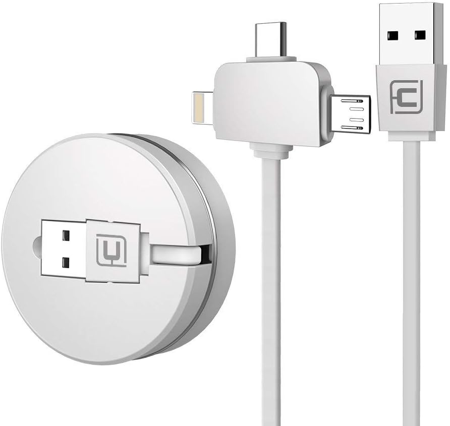 CAFELE Retractable Charging USB Cable, iP & Micro USB & Type-C 3in1 Charging & 3in1 Data Transmission Charger 3.3ft / 1m Data Cables (White)