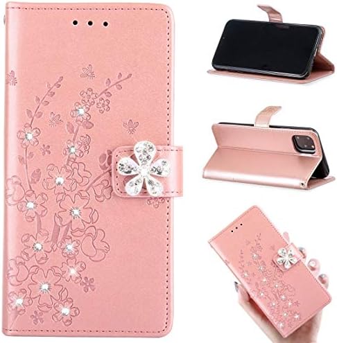 Iphone11 ケース 手帳型 ピンク 梅の花 手帳型ケース かわいい 花柄 アイフォン11 おしゃれ 梅の花装飾とキラキラ ラインストーン装飾 人気 女性 レディース用 オシャレ 11 カード収納 財布型 手触り良い ストラップ付き ローズゴールド 機能 保護ケース 耐衝撃 スタンド