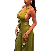 BAIMORE Women's Sexy Deep V Neck Backless Floral Ruffle Tassels Split Bodycon Halter Maxi Dress