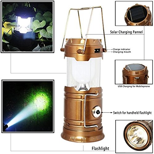 Camping Lantern, Solar Rechargeable LED Camp Light & Handheld Flashlight in the Bottom for Hiking, Camping, Fishing, Hurricanes, Outages, Emergency Charging for Mobilephone (gold) 2 PACK by LEDUSA